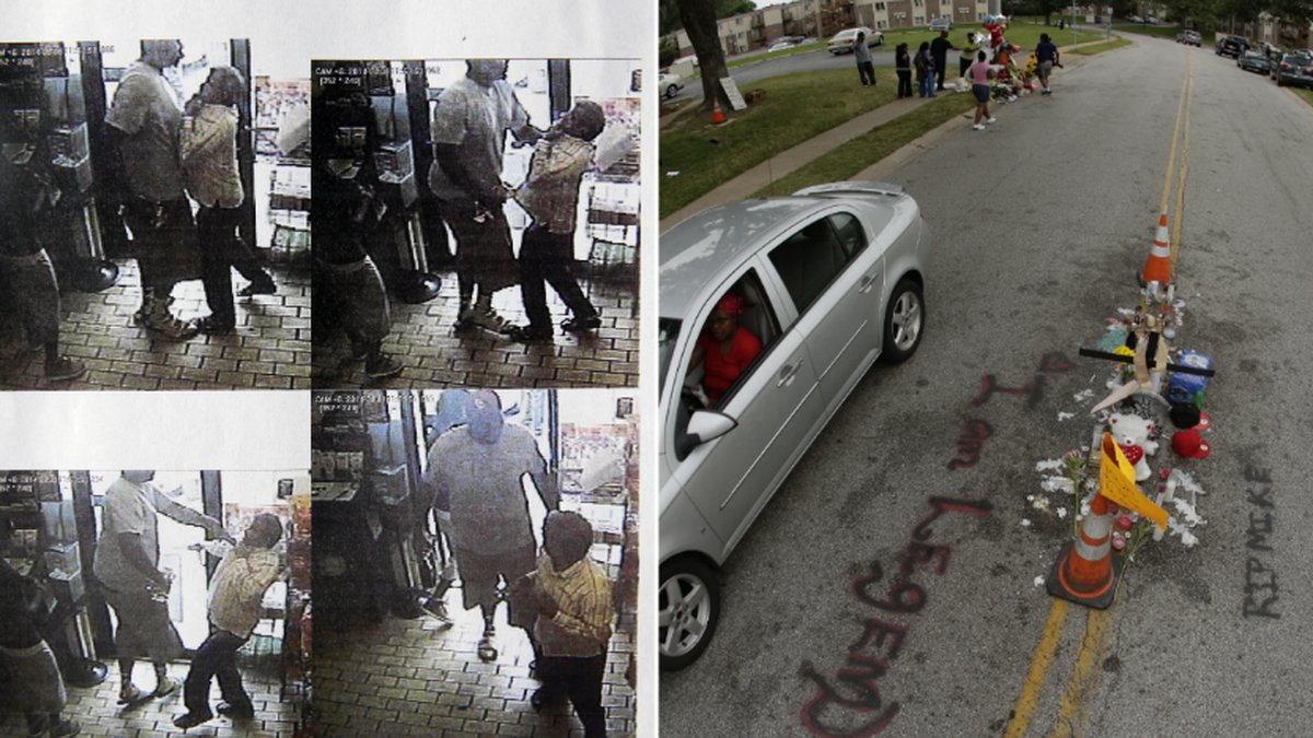 (t.v) Bilder från en övervakningskamera som släppts av polis i Ferguson, Missouri. De visar hur 18-årige Michael Brown hamnar i dispyt med personal inne i en närbutik, strax före dödsskjutningen.